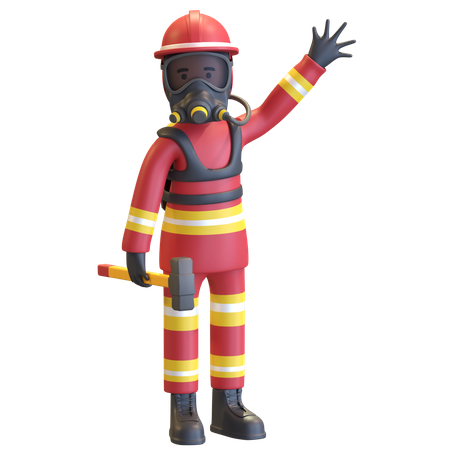 Feuerwehrmann in voller Schutzausrüstung mit Vorschlaghammer  3D Illustration