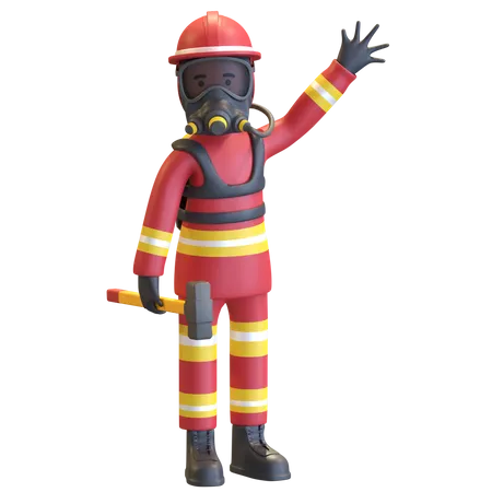 Feuerwehrmann In Roter Anzuguniform Und Rotem Schutzhelm Mit Gasmaske Und Vorschlaghammer 3 D Darstellung 3D Illustration