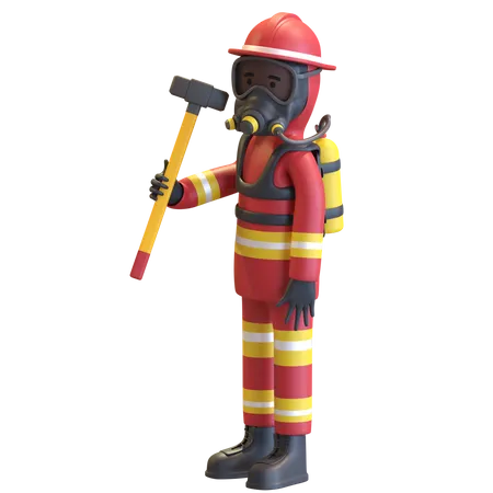 Feuerwehrmann In Roter Anzuguniform Und Rotem Schutzhelm Mit Gasmaske Und Vorschlaghammer 3 D Darstellung 3D Illustration