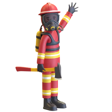 Feuerwehrmann mit voller Schutzausrüstung und Axt  3D Illustration