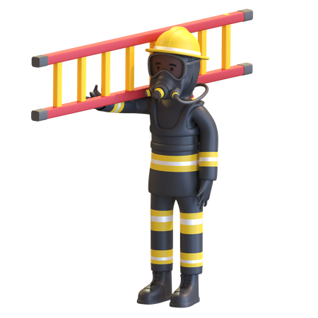 Feuerwehrmann in voller Schutzausrüstung mit Leiter  3D Illustration