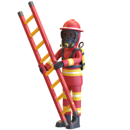 Feuerwehrmann in voller Schutzausrüstung mit Leiter  3D Illustration
