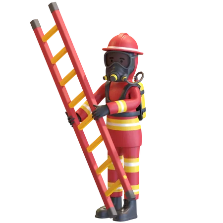 Feuerwehrmann In Roter Anzuguniform Und Rotem Schutzhelm Mit Gasmaske Und Leiter 3 D Darstellung Der Figur 3D Illustration