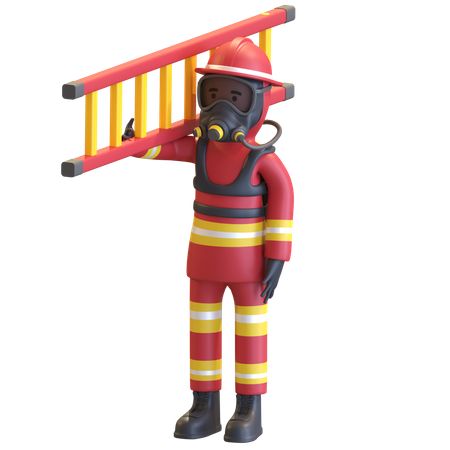 Feuerwehrmann voller Ausrüstung Schutz hält Leiter Treppe  3D Illustration