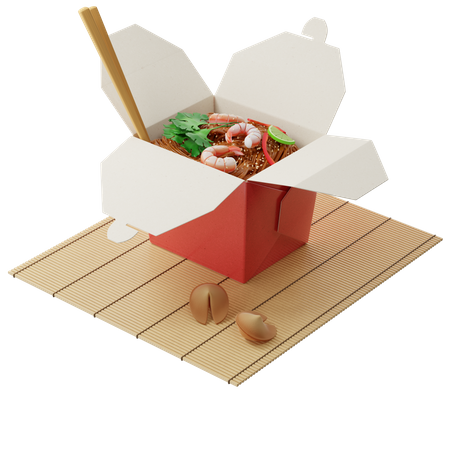 Fideos al wok en una caja roja con gambas  3D Illustration