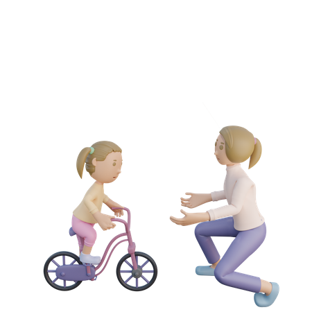 Filha andando de bicicleta enquanto a mãe observa  3D Illustration