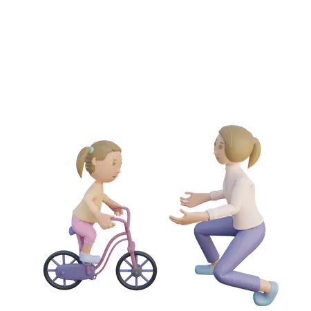 Filha andando de bicicleta enquanto a mãe observa  3D Illustration