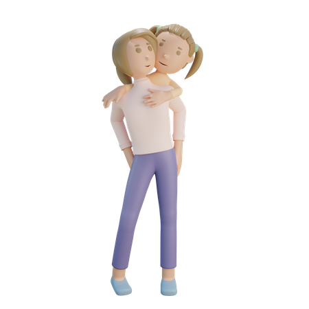 Filha andando nas costas da mãe  3D Illustration