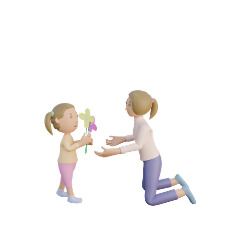 Filha dando flor para mãe  3D Illustration