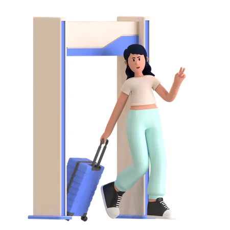 Fille à la porte de sécurité de l'aéroport  3D Illustration