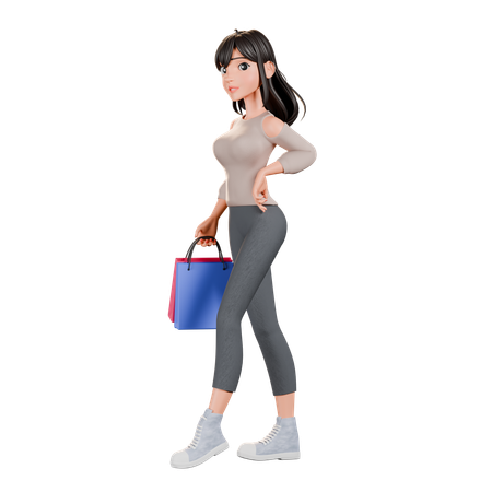 Fille accro au shopping debout avec un sac de courses  3D Illustration