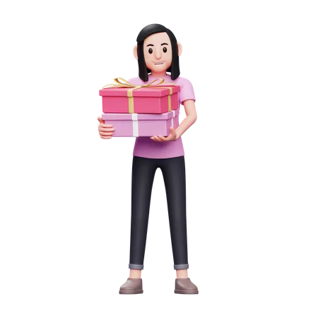 Une fille a acheté deux cadeaux  3D Illustration