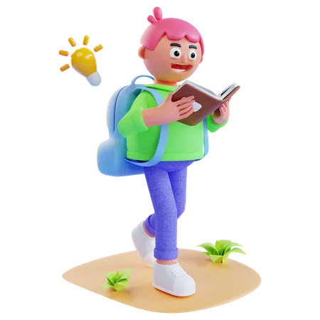 Fille allant à l'école avec un livre de lecture  3D Illustration