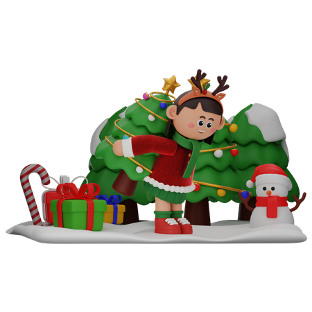 Fille apporte un arbre de Noël  3D Illustration