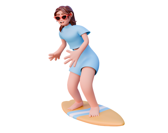 Fille appréciant le surf  3D Illustration