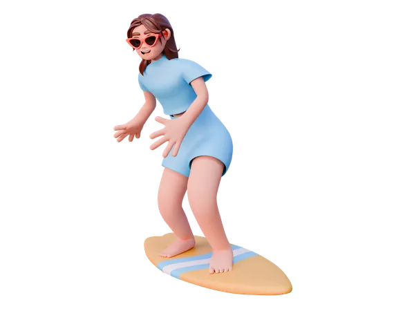 Fille appréciant le surf  3D Illustration