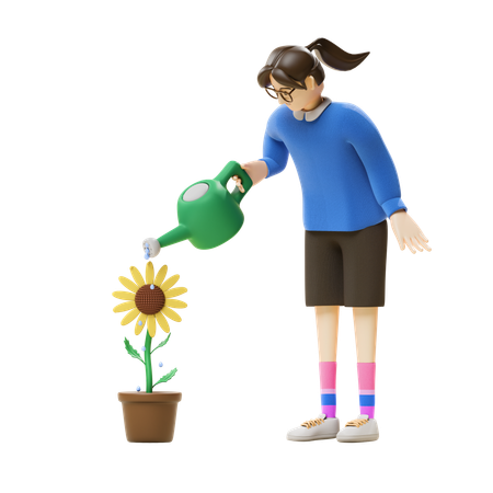 Fille arrosant une fleur  3D Illustration