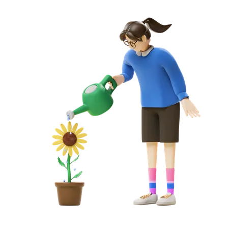 Fille arrosant une fleur  3D Illustration