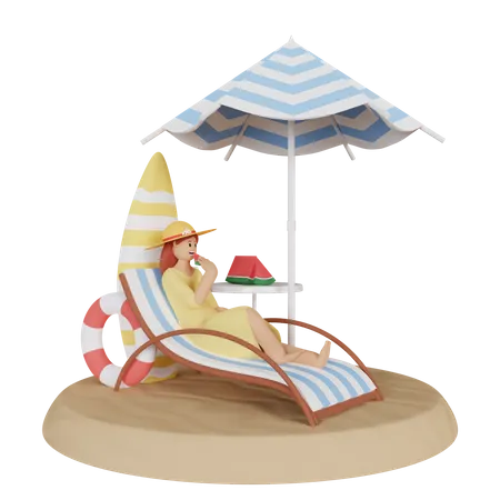 Fille assise à la plage  3D Illustration