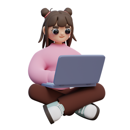 Fille assise et tenant un ordinateur portable  3D Illustration