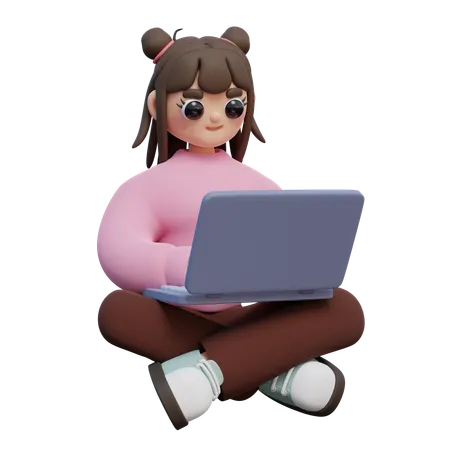 Fille assise et tenant un ordinateur portable  3D Illustration