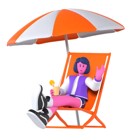 Fille assise sous un parasol  3D Illustration