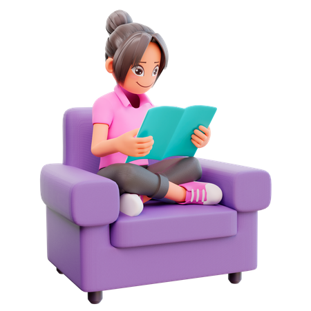 Fille assise sur un canapé et lisant un livre  3D Illustration