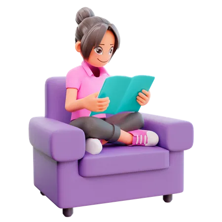 Fille assise sur un canapé et lisant un livre  3D Illustration