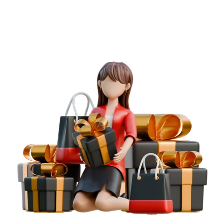 Fille assise sur une pile de cartons de courses  3D Illustration