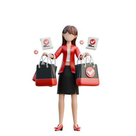 Fille avec des sacs de courses et un reçu  3D Illustration