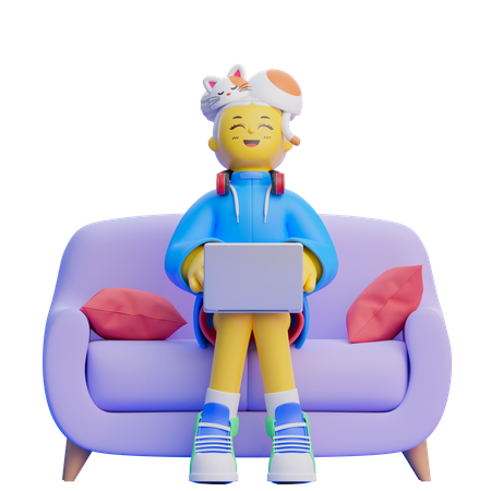 Fille avec ordinateur portable sur le canapé  3D Icon