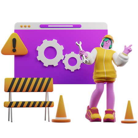 Fille avec site Web en maintenance  3D Illustration