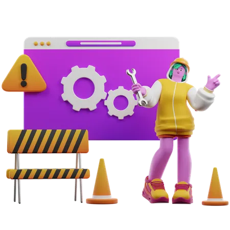 Fille avec site Web en maintenance  3D Illustration