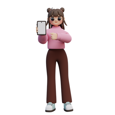 Fille avec smartphone dans les mains pointe le doigt sur l'écran  3D Illustration