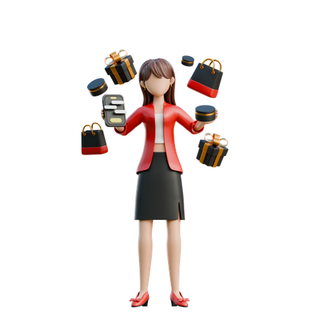 Fille avec un smartphone pour faire des achats en ligne  3D Illustration