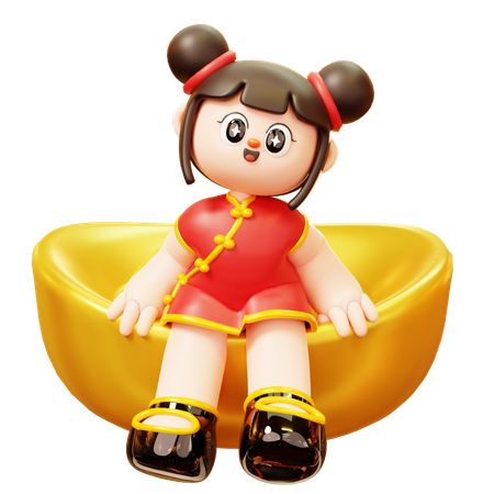 Fille chinoise assise sur un lingot d'or  3D Illustration