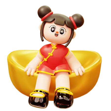 Fille chinoise assise sur un lingot d'or  3D Illustration