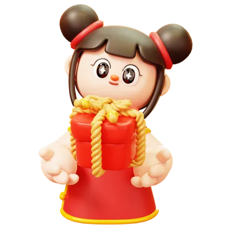 Fille chinoise avec boîte-cadeau  3D Illustration