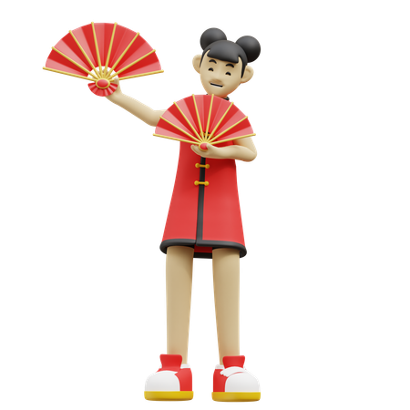 Fille chinoise avec éventail  3D Illustration