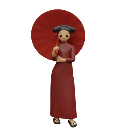 Fille chinoise debout tout en tenant un parapluie  3D Illustration