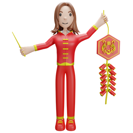 Fille chinoise éclatant un pétard chinois  3D Illustration