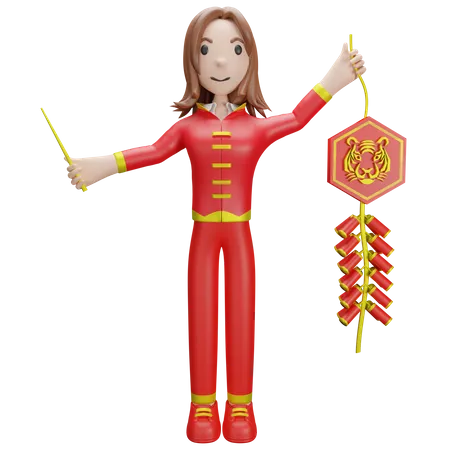 Fille chinoise éclatant un pétard chinois  3D Illustration