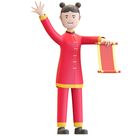 Fille chinoise tenant le rouleau de main  3D Illustration