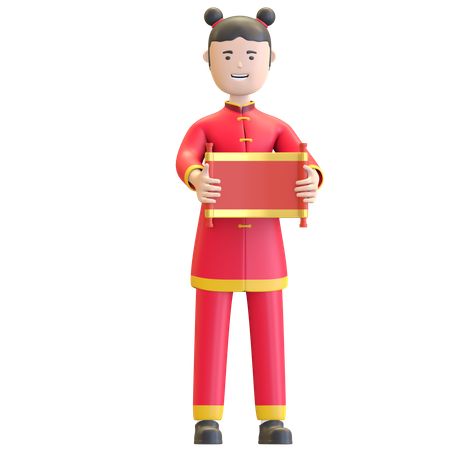 Fille chinoise tenant une lettre de défilement chinois  3D Illustration