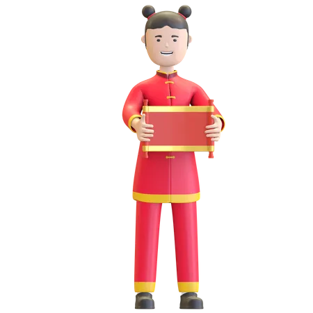 Fille chinoise tenant une lettre de défilement chinois  3D Illustration