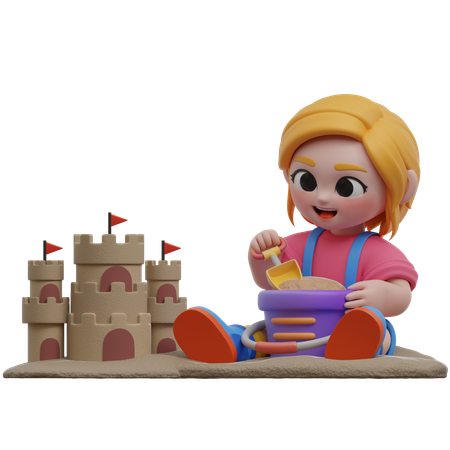 Fille construisant un château de sable  3D Illustration