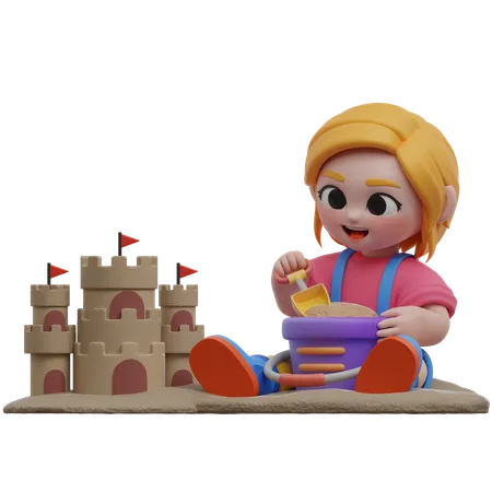 Fille construisant un château de sable  3D Illustration