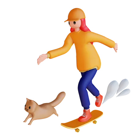 Fille qui court sur une planche à roulettes avec un animal de compagnie  3D Illustration