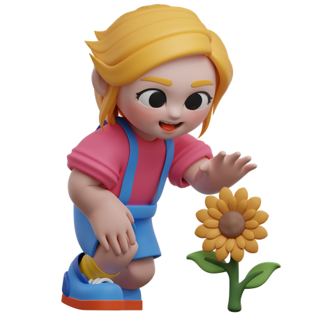 Fille cueillant des fleurs  3D Illustration