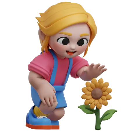 Fille cueillant des fleurs  3D Illustration